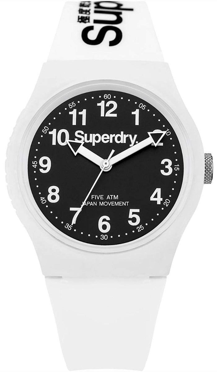 Gwylio Unisecs Superdry Gyda Deial Du a Strap Gwyn SYG164W