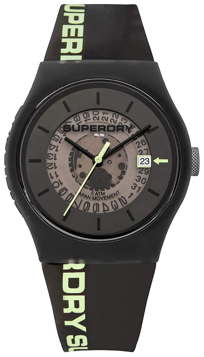 Gwylio Superdry i Ddynion gyda Deial Du a Strap Silicone Du SYG168B
