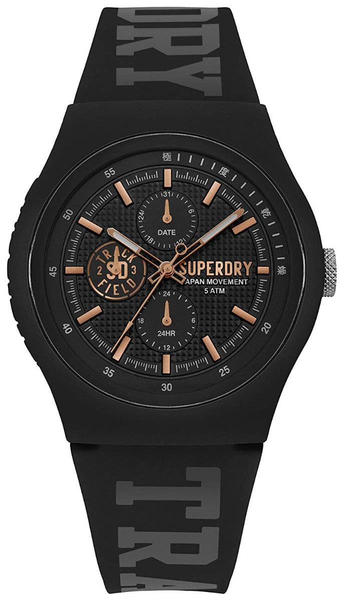 Gwylio Dynion Superdry gyda Deial Du a Strap Silicon Du SYG188BRG