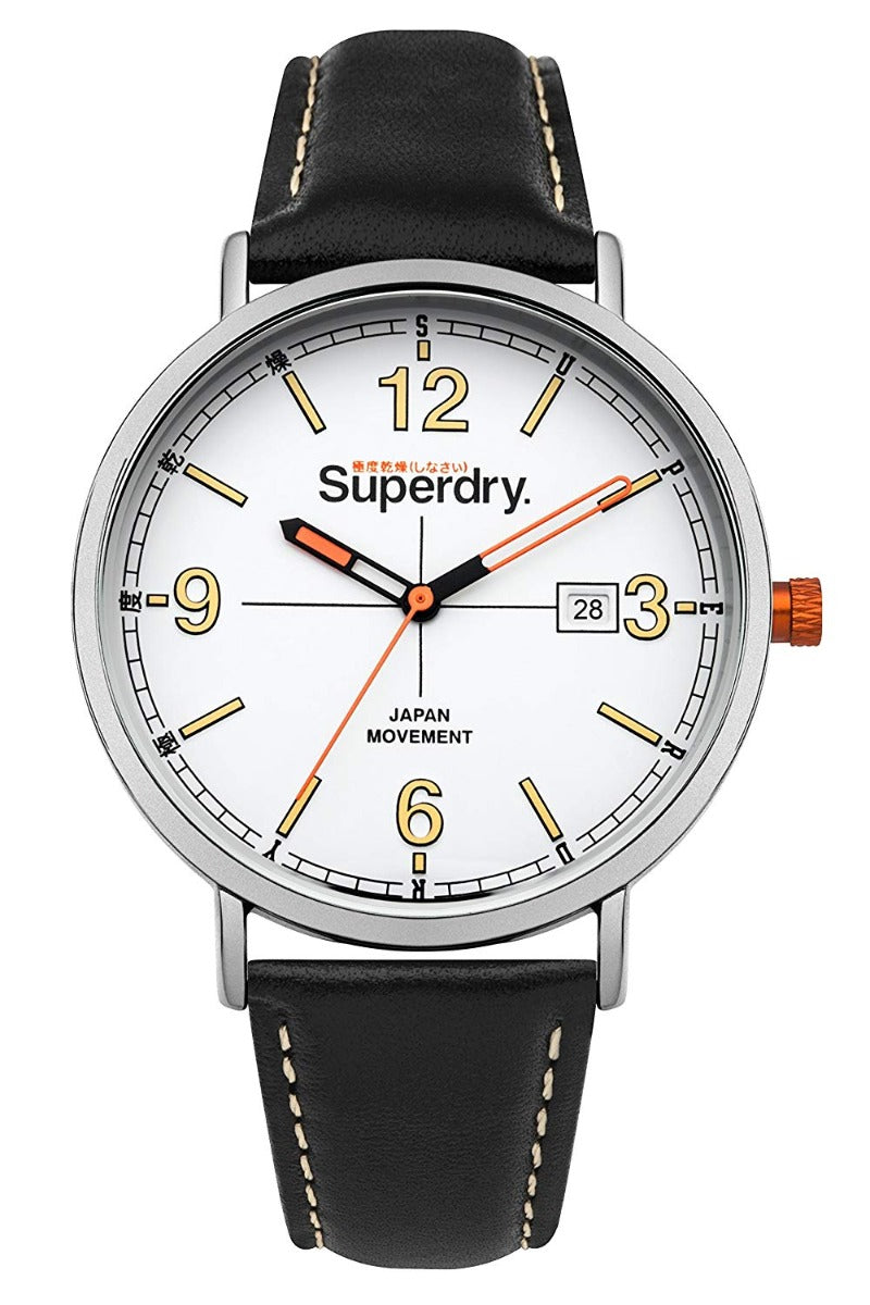Gwylio Dynion Superdry gyda Deial Gwyn a Strap Lledr Du SYG190B