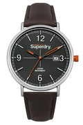 Gwylio Dynion Superdry gyda Deial Du a Strap Lledr Brown SYG190BR