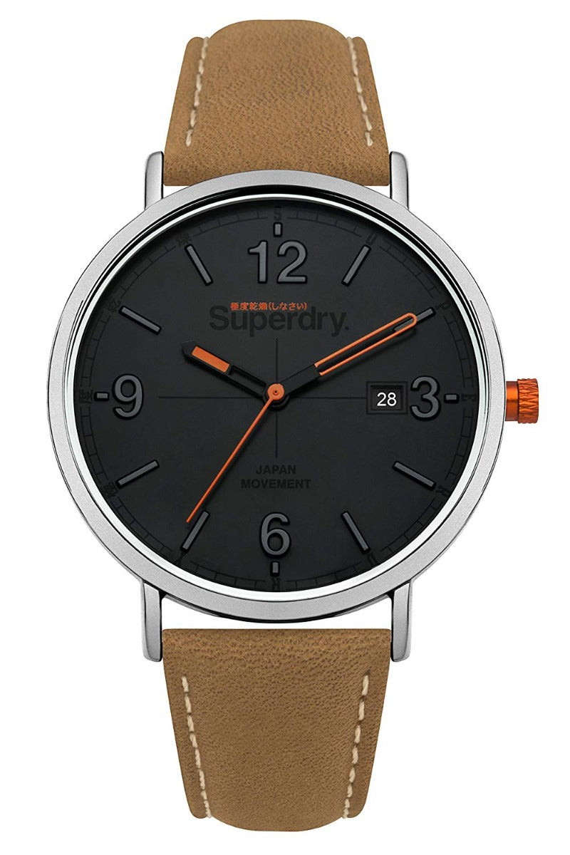 Gwylio Quartz Analog Dynion Superdry gyda Strap Lledr Tan SYG190T