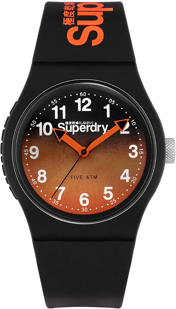 Gwyliad Dynion Superdry gyda Deial Ddu ac Oren a Strap Silicon SYG198BO