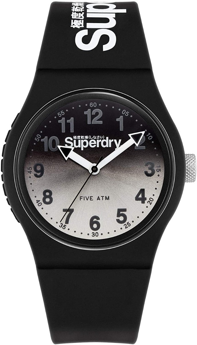 Olwyn Ddynion Superdry gyda Deial Du a Strap Silicon Du SYG198EB