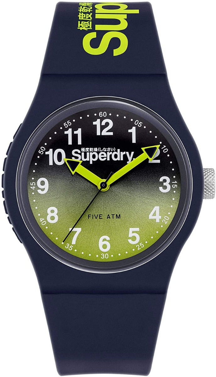 Gwylio Dynion Superdry gyda Deial Glas a Melyn a Strap Silicon SYG198YU