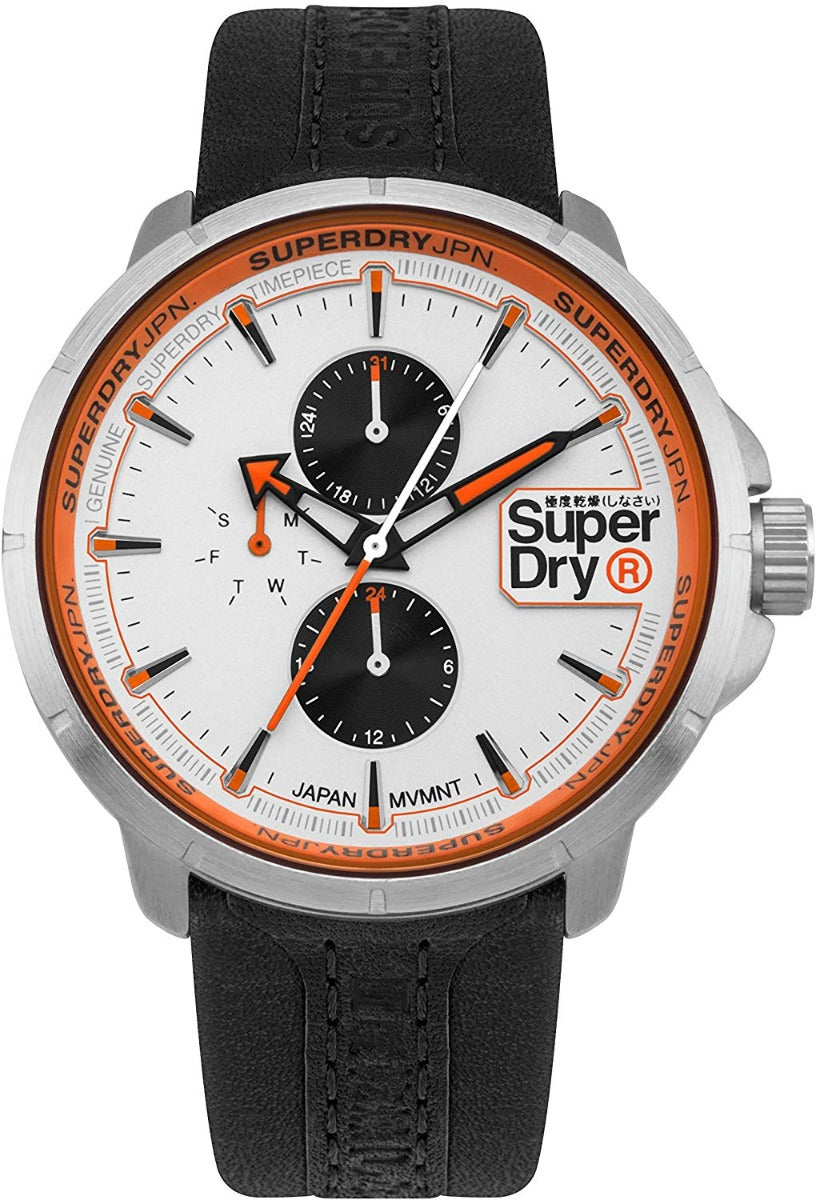 Superdry Gwylio Dynion gyda Deial Gwyn a Strap Lledr Du SYG218WB