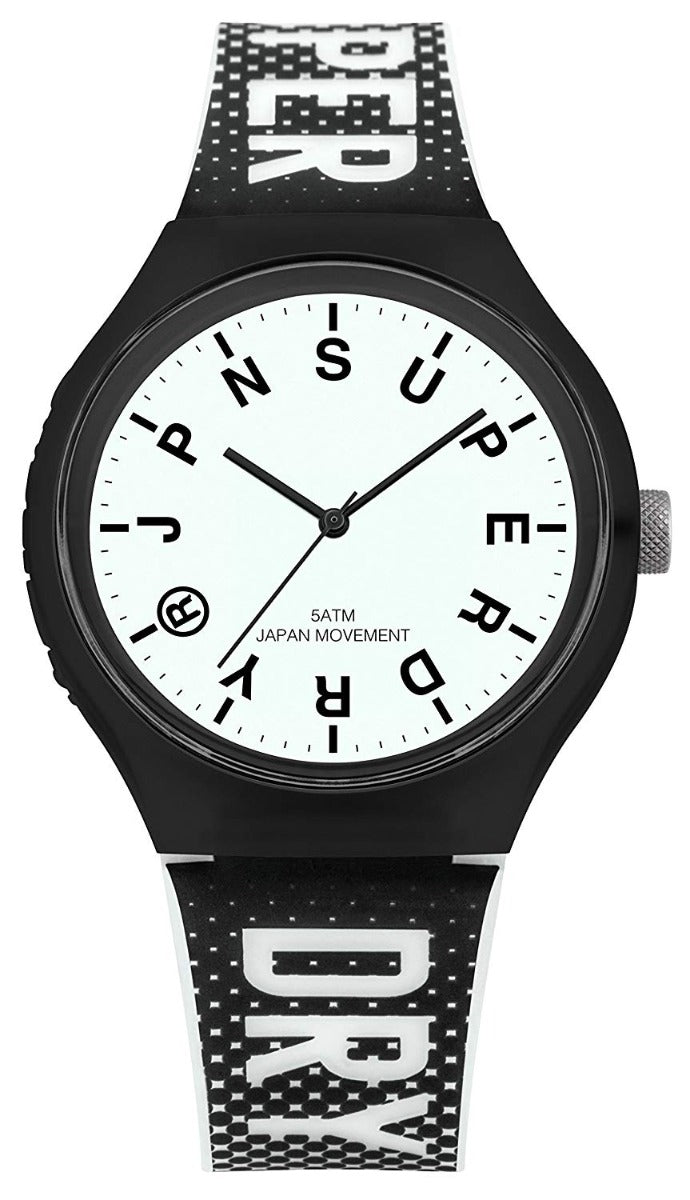 Gwylio Superdry i Ddynion gyda Deial Gwyn Strap Silicôn Du SYG224B