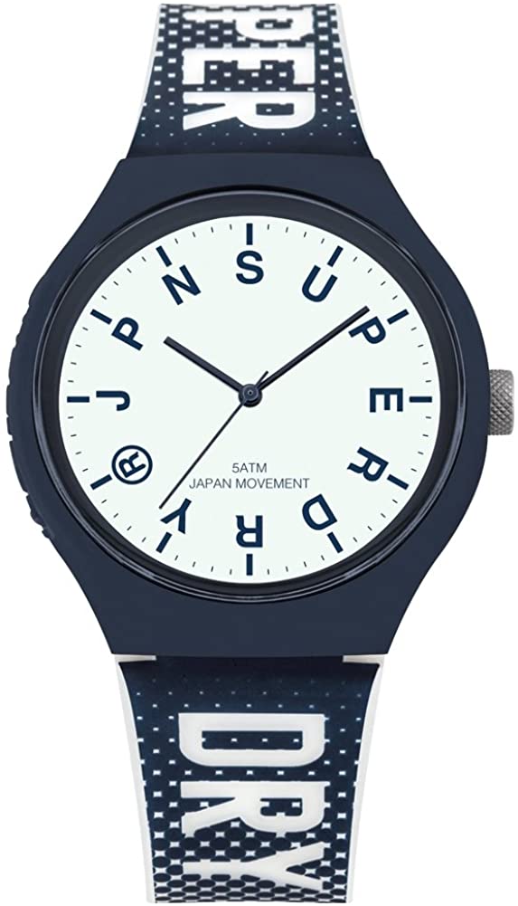 Gwylio Dynion Superdry gyda Deial Gwyn a Strap Silicôn Glas SYG224U