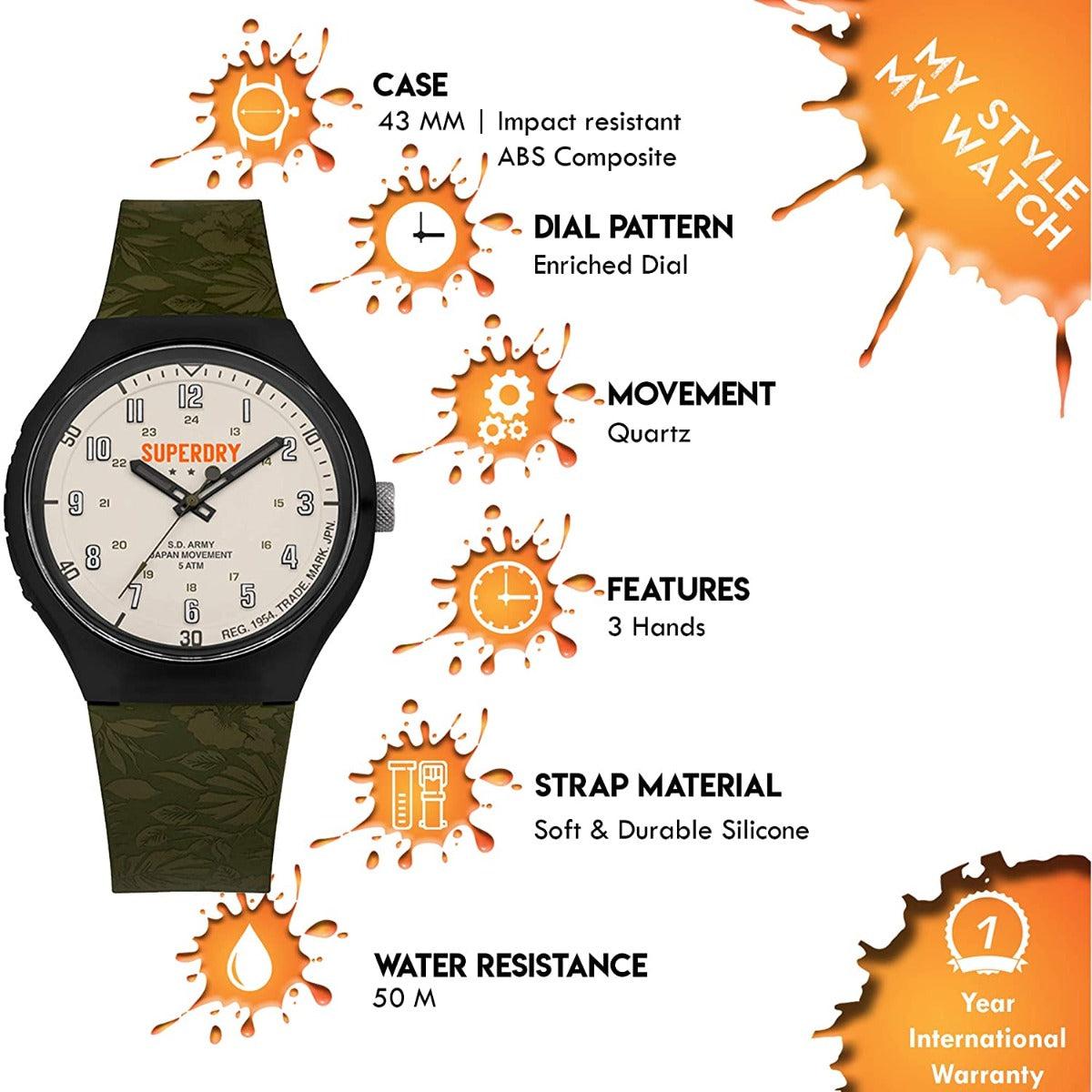Gwylio Dynion Superdry gyda Strap Gwyrdd a Deial Beige SYG225N