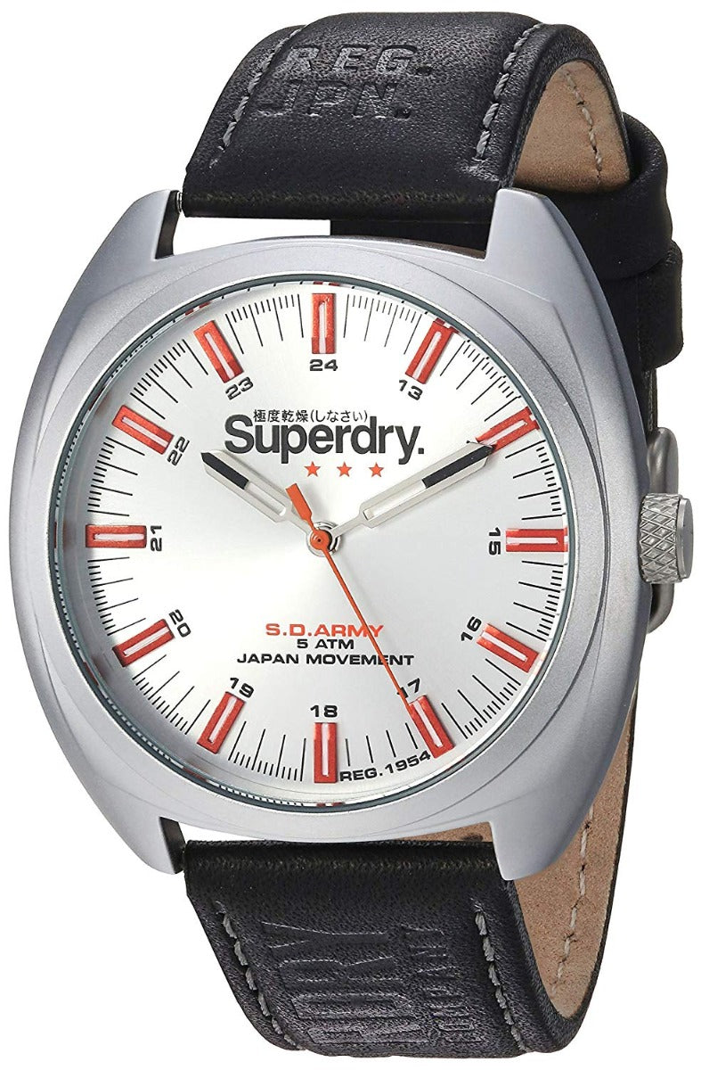 Gwylio Dynion Superdry gyda Deial Arian Sunray a Strap Lledr Du SYG228B