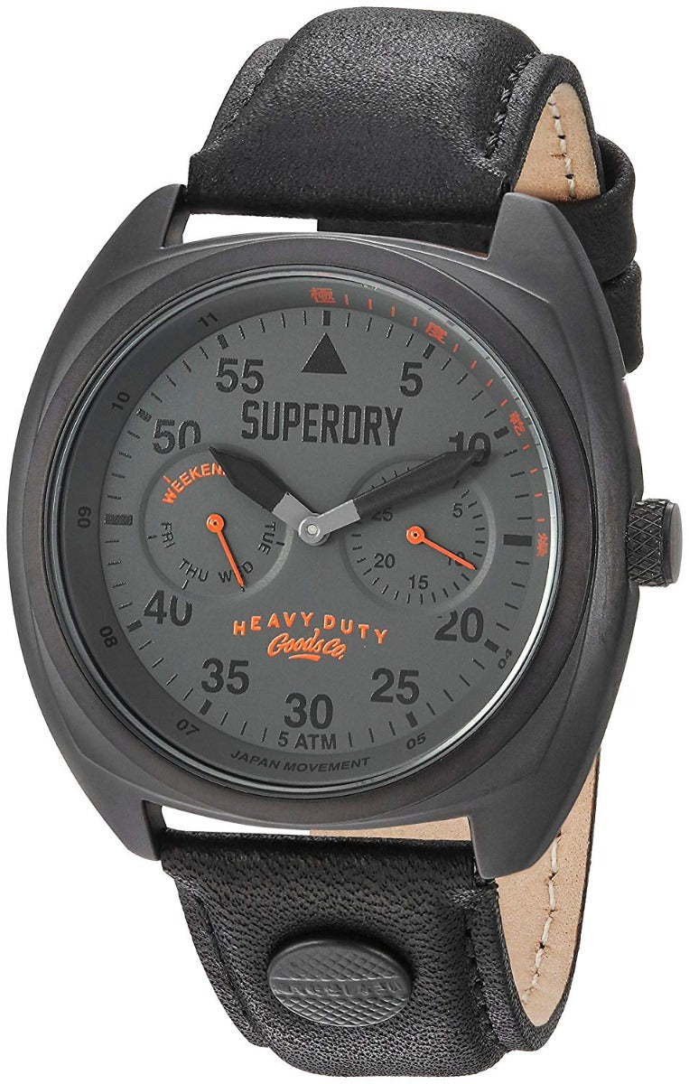 Gwylio Dynion Superdry gyda Deial Llwyd a Strap Lledr Du SYG229BB