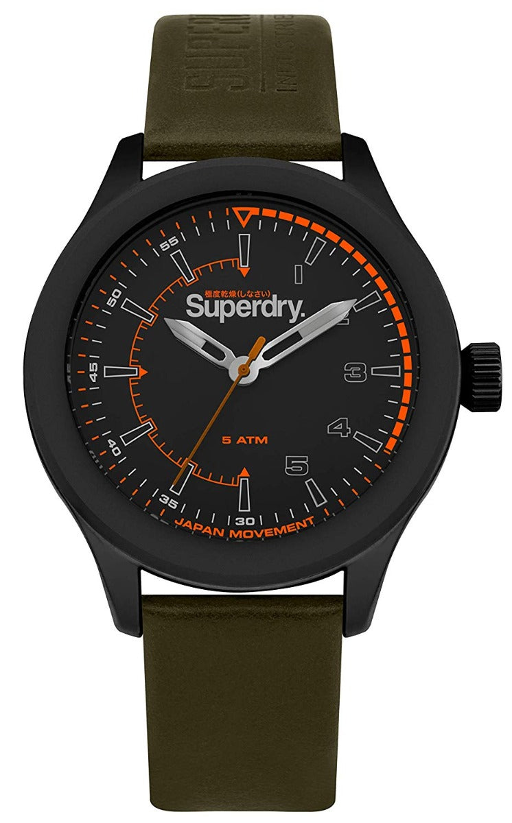 Superdry Mens Watch with Black Dial and Green Khaki Leather Strap SYG231NB