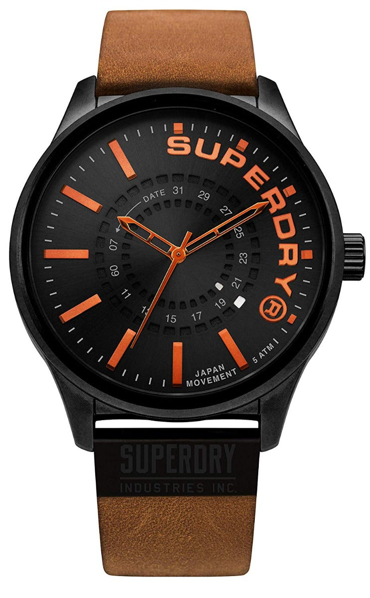 Superdry Mens Watch with Black Dial Brown Leather Strap SYG233TB