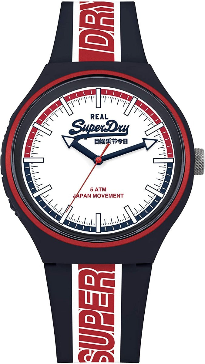 Superdry Mens Watch gyda Deial Gwyn a Strap Glas SYG238UR