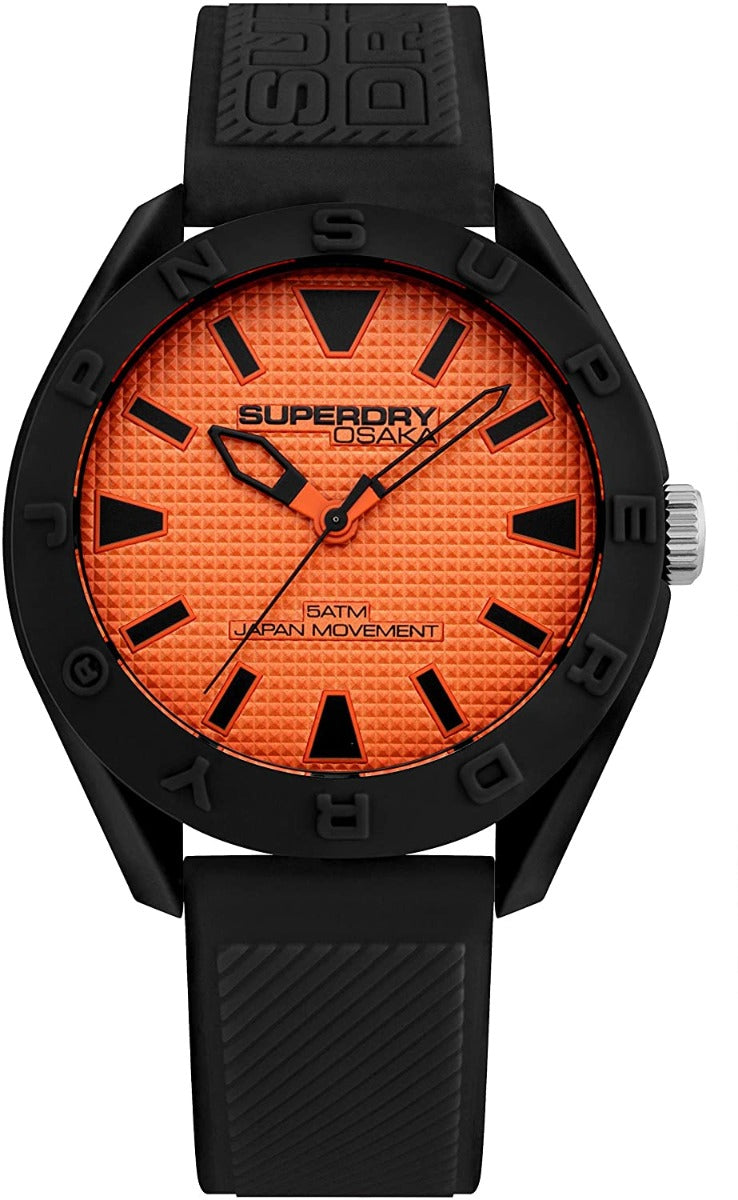 Gwylio Dynion Superdry gyda Deial Oren a Strap Du SYG243BO