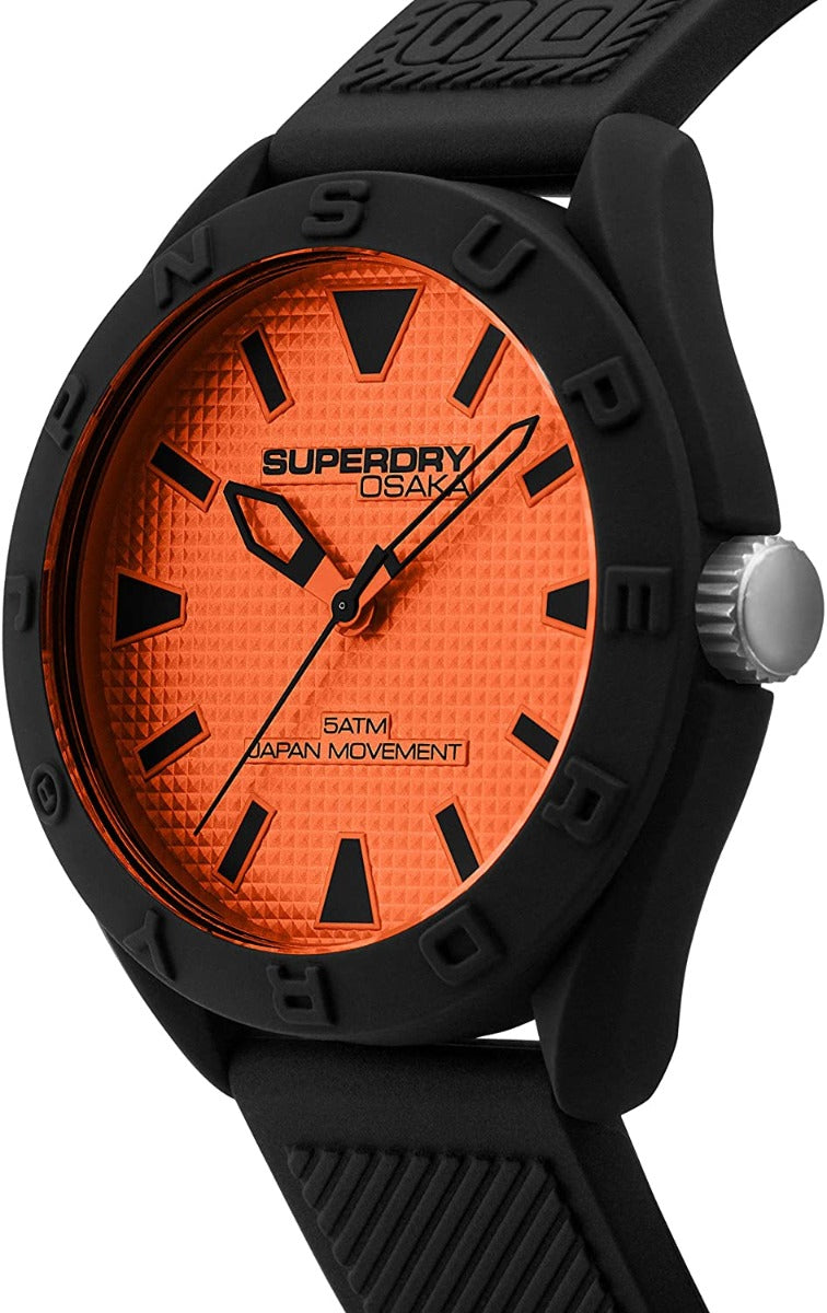 Gwylio Dynion Superdry gyda Deial Oren a Strap Du SYG243BO