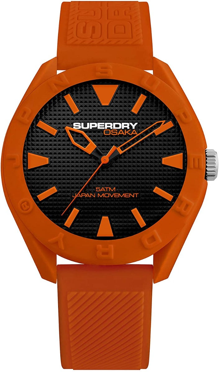 Gwylio Achlysurol i Ddynion Superdry Gyda Deial Du a Strap Oren SYG243O