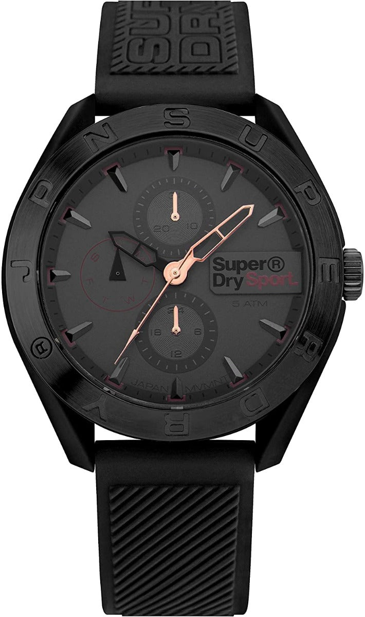 Gwylio Achlysurol Superdry gyda Deial Du a Strap Ddu SYG244EB