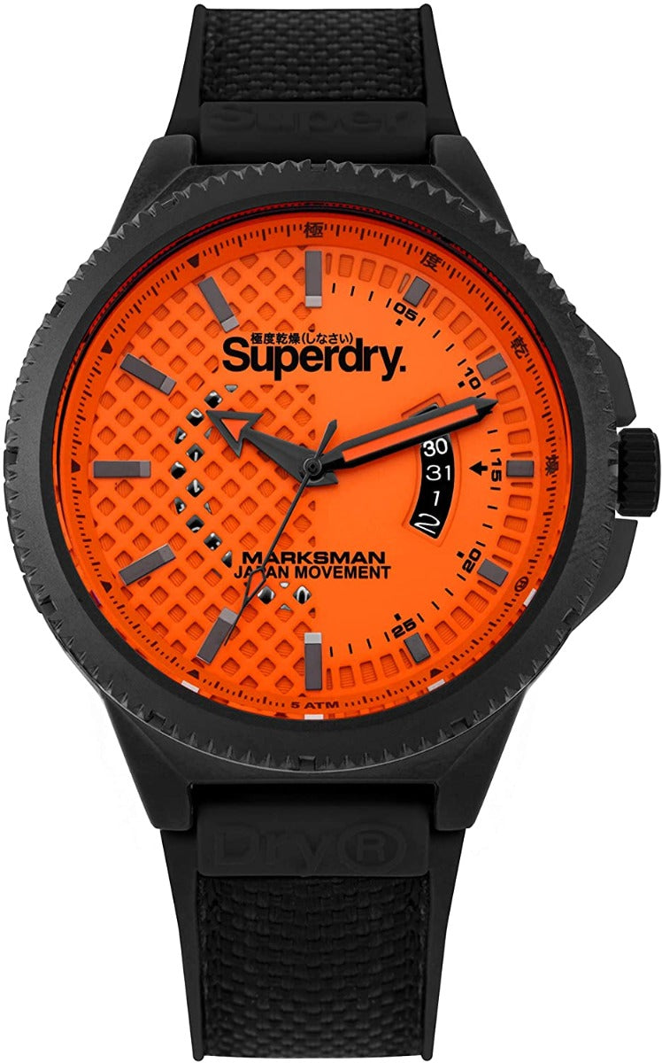 Gwyliad Dynion Superdry gyda Deial Oren a Strap Silicon Du SYG245OB