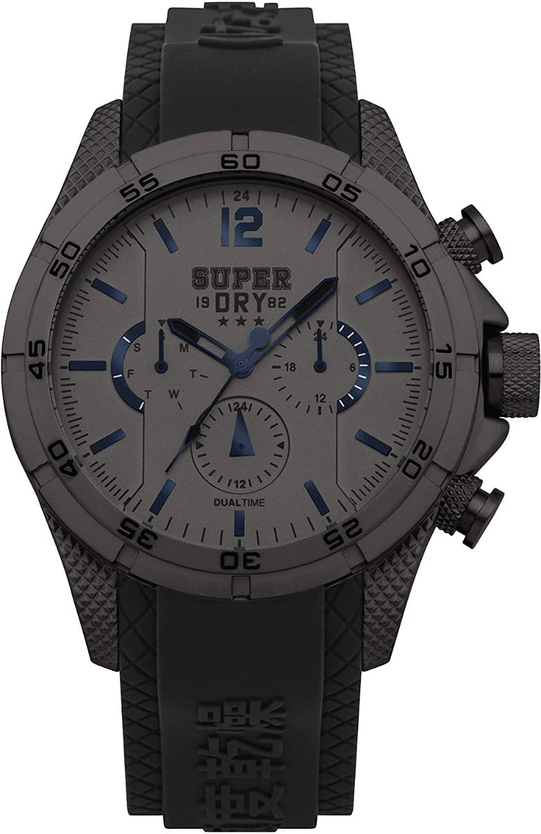 Olwyn Gwylio Dynion Superdry gyda Strap Ddu a Deial Llwyd SYG257BB