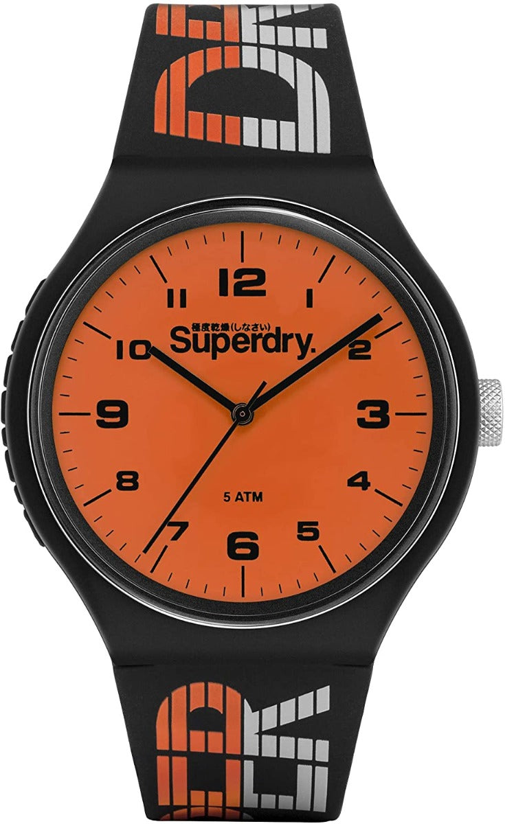 Gwylio Dynion Superdry SYG269BO gyda Strap Silicôn Du a Deial Oren