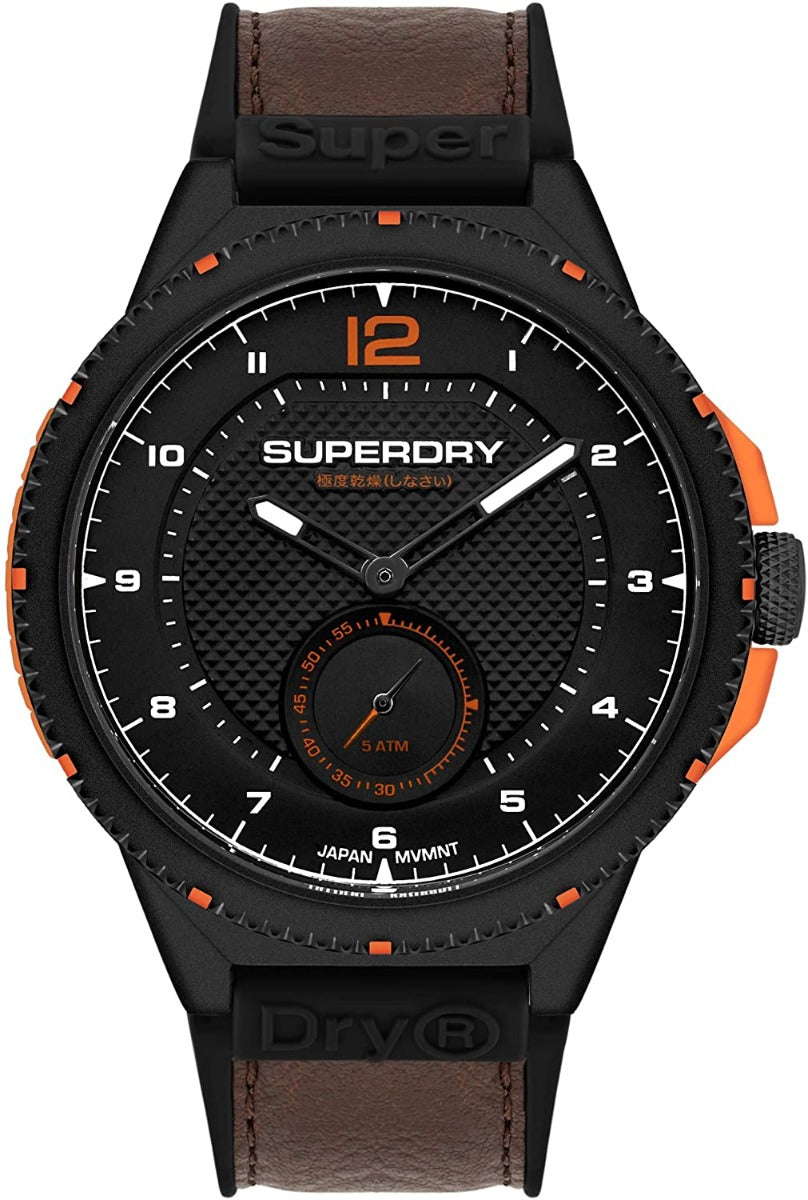 Gwylio Dynion Superdry gyda Deial Du a Strap Brown SYG285BR