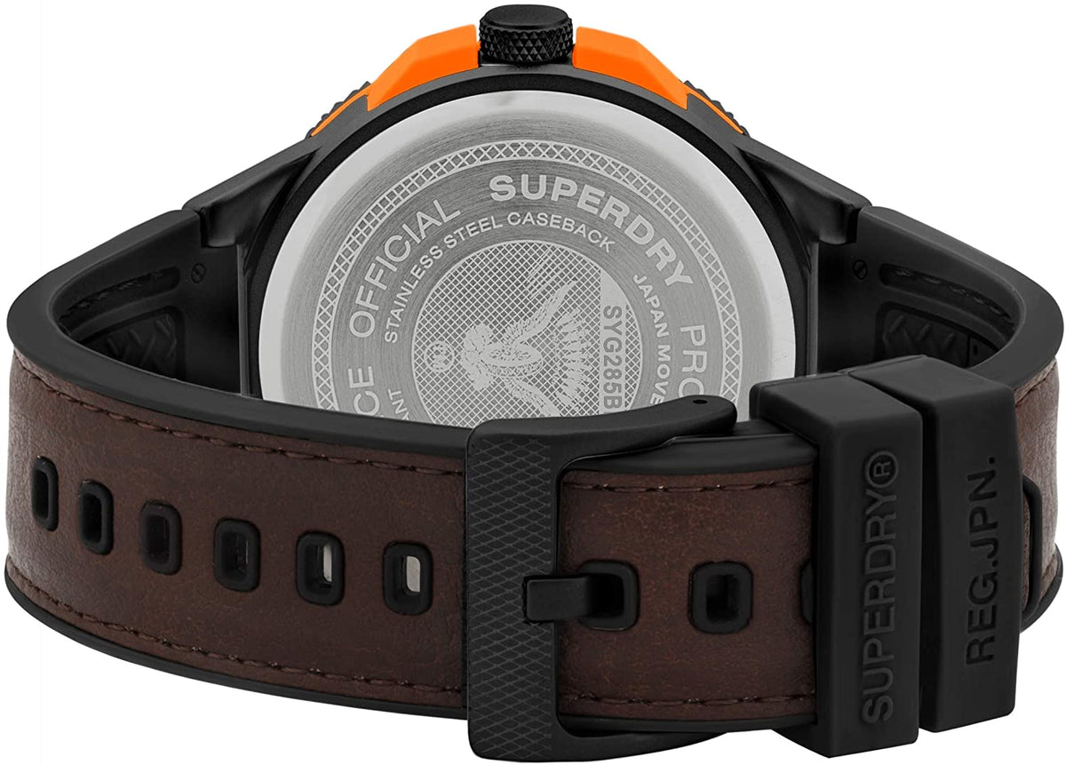 Gwylio Dynion Superdry gyda Deial Du a Strap Brown SYG285BR
