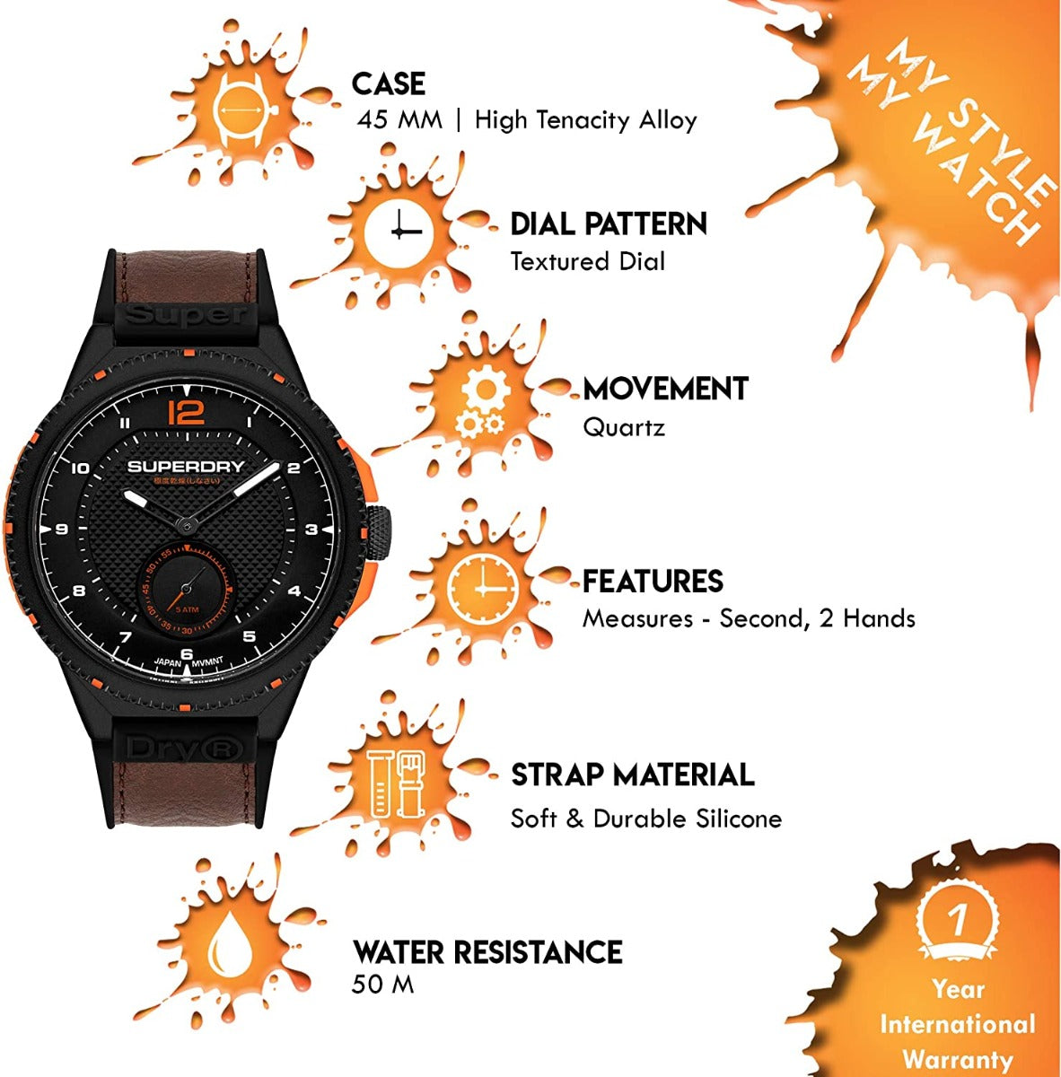 Gwylio Dynion Superdry gyda Deial Du a Strap Brown SYG285BR