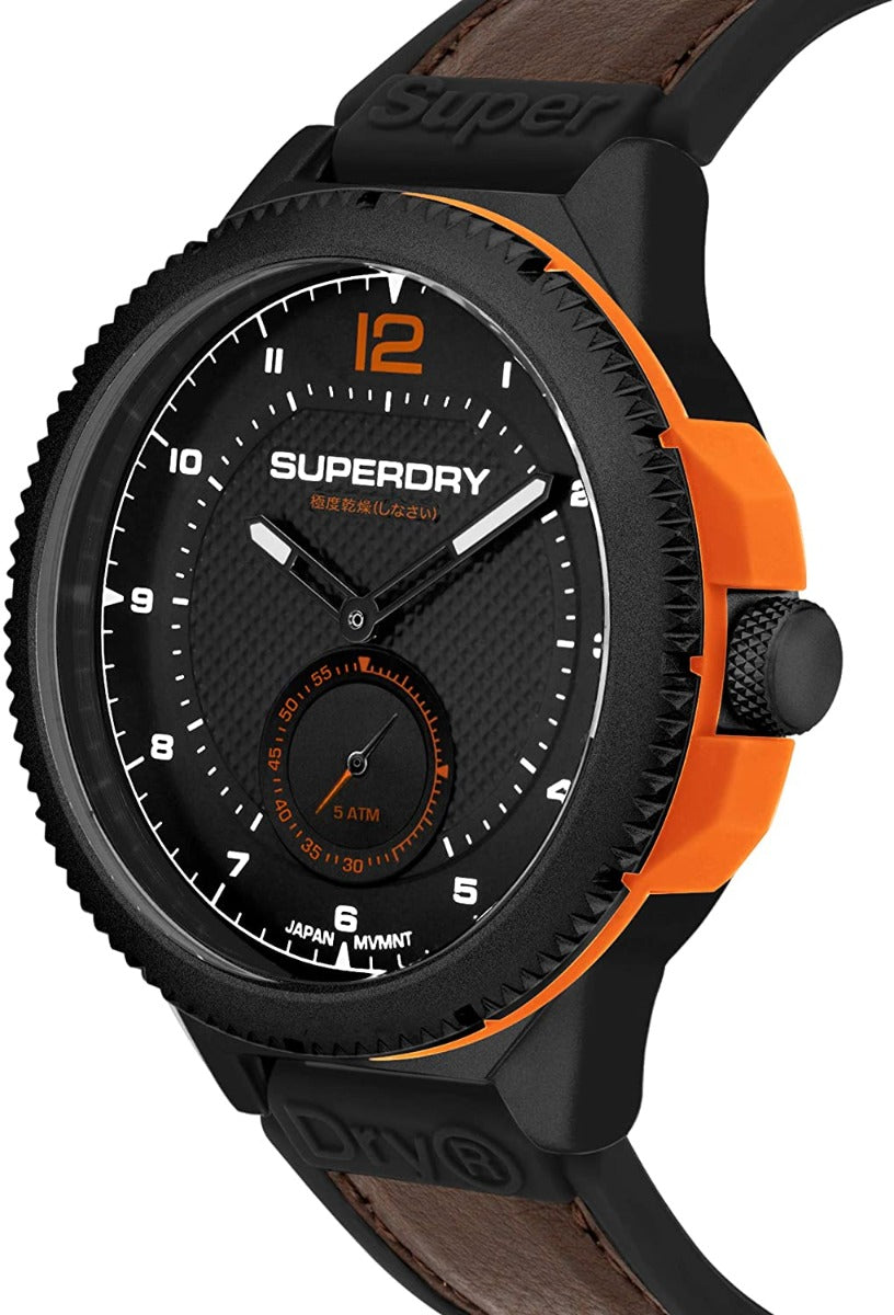 Gwylio Dynion Superdry gyda Deial Du a Strap Brown SYG285BR