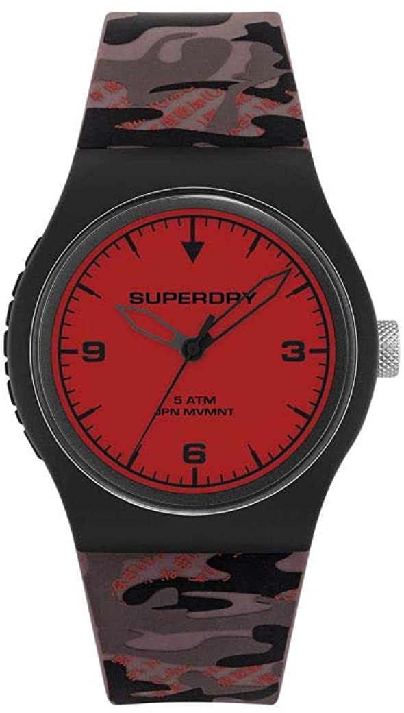 Gwylio Dynion Superdry gyda Deial Coch a Strap Silicon Camouflage SYG296BR