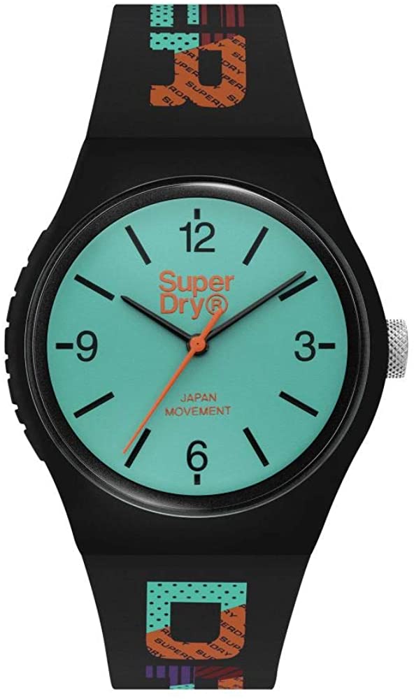 Gwylio Dynion Superdry Urban gyda Deial Gwyrdd a Strap Silicôn Du SYG301BAU