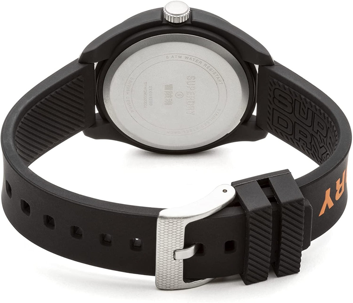Gwylio Dynion Superdry Osaka Laser gyda Deial Haulsplanc Oren a Strap Silicon Du SYG321BO**ADNEWYDDWYD**