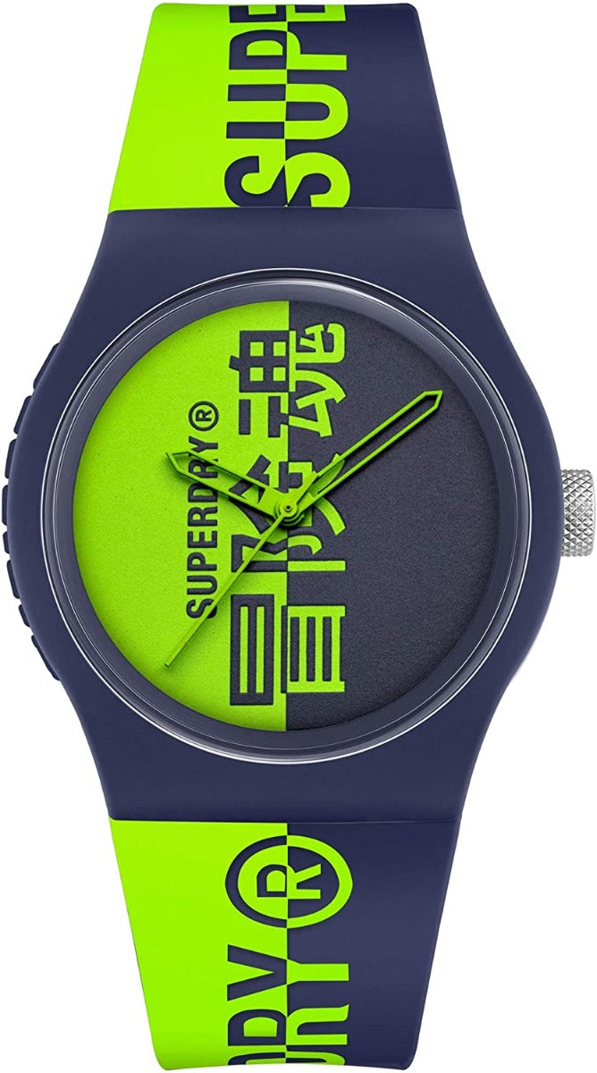 Gwylio Dynion Superdry gyda Deial Glas a Gwyrdd a Strap Silicôn SYG346UN