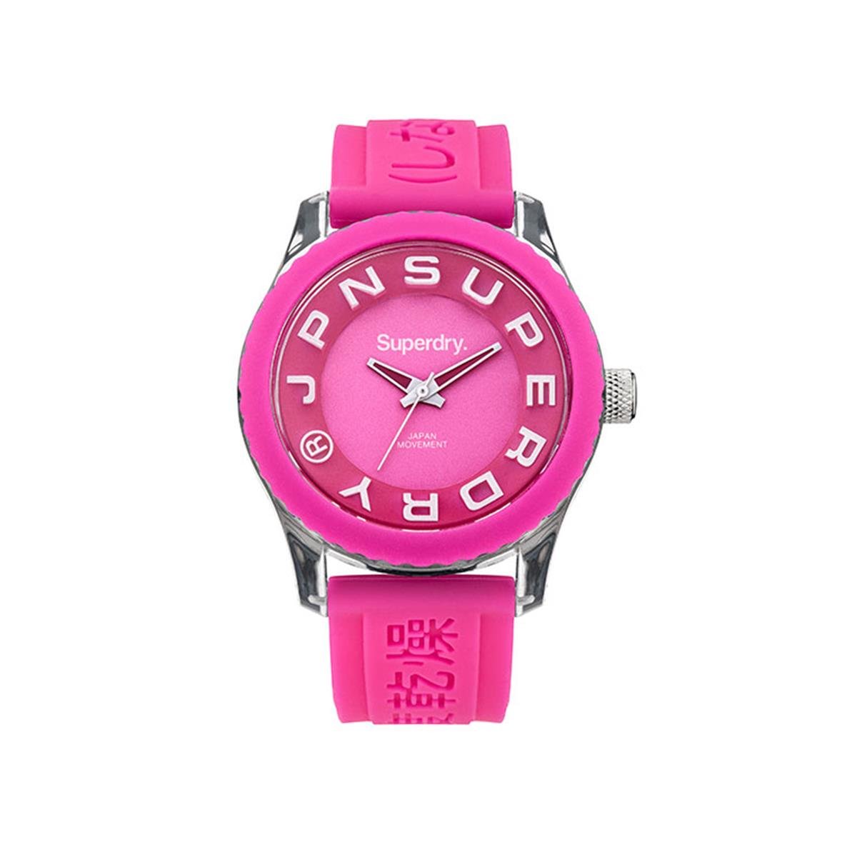 Superdry – Gwylio Cwarts Analog i Fenywod gyda Strap Silicôn Pinc SYL146P