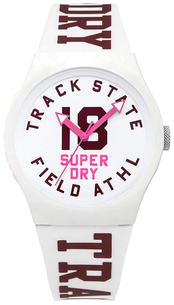 Gwylio Merched Superdry gyda Deial Gwyn a Strap Silicon Gwyn SYL182VW