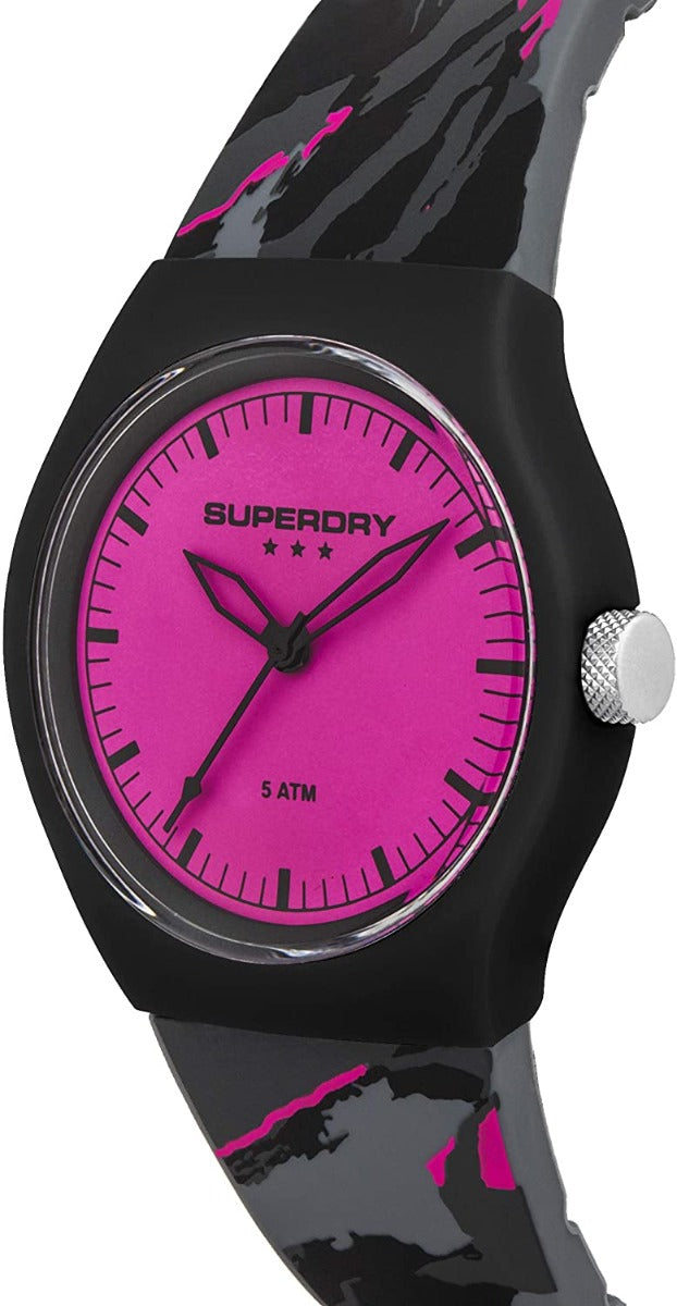 Watsh Merched Achlysurol Superdry gyda Deial Pinc a Strap Llwyd SYL270BP