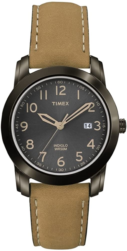 Cloc Menywod Timex gyda Deial Indiglo Du a Strap Lledr Llwydfelyn T2P133
