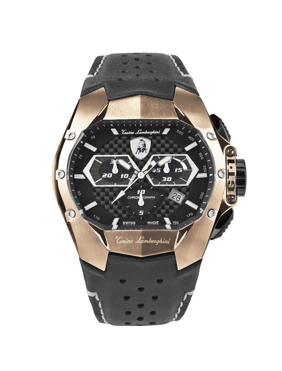 Cloc Tonino Lamborghini GT1 i Ddynion gyda Strap Lledr Du T9GD-RG
