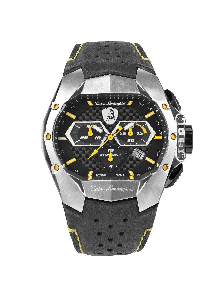 Cloc Dynion Tonino Lamborghini GT1 gyda Strap Ledr Ddu T9GE-SS