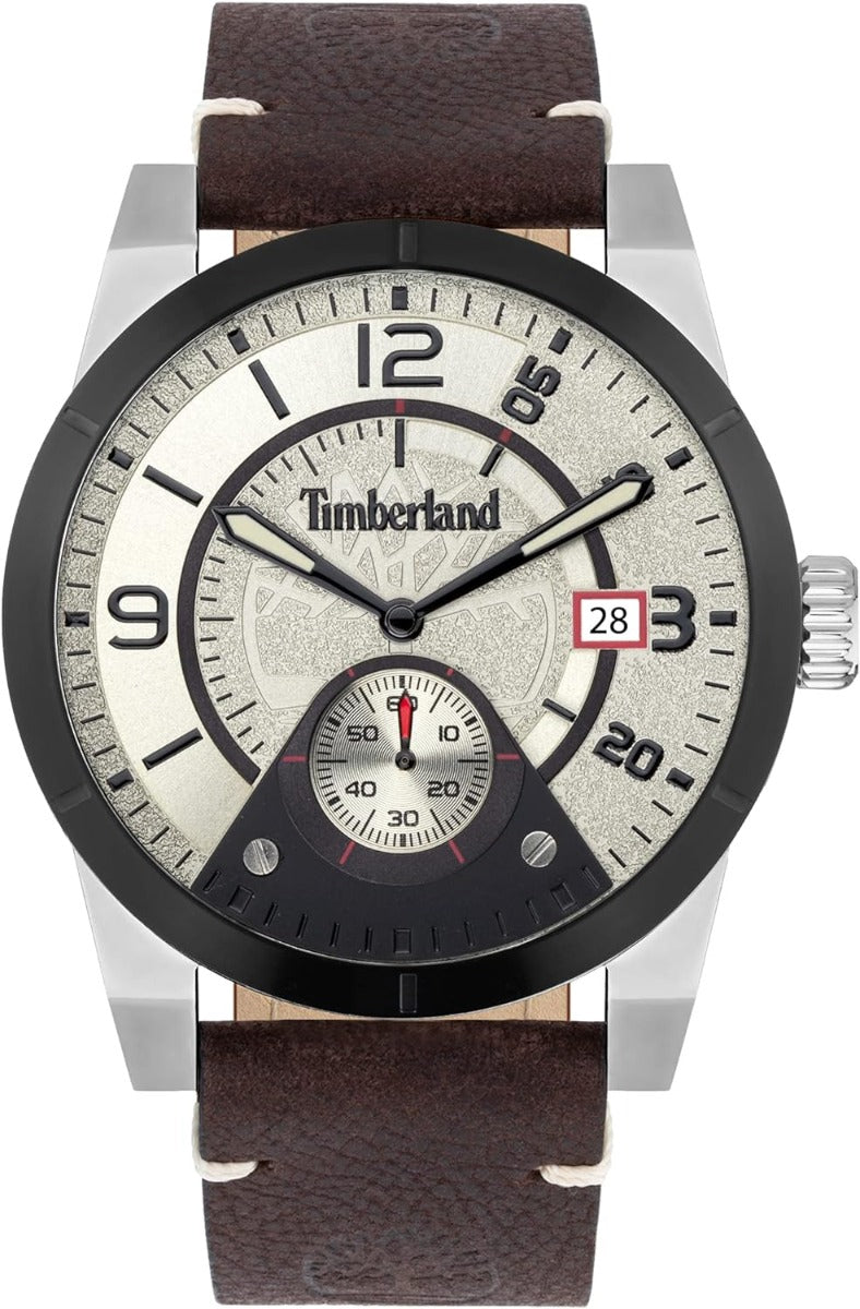 Fesur Dynion Timberland gyda Deial Arian a Strap Ledr Brown TDWGB2090202