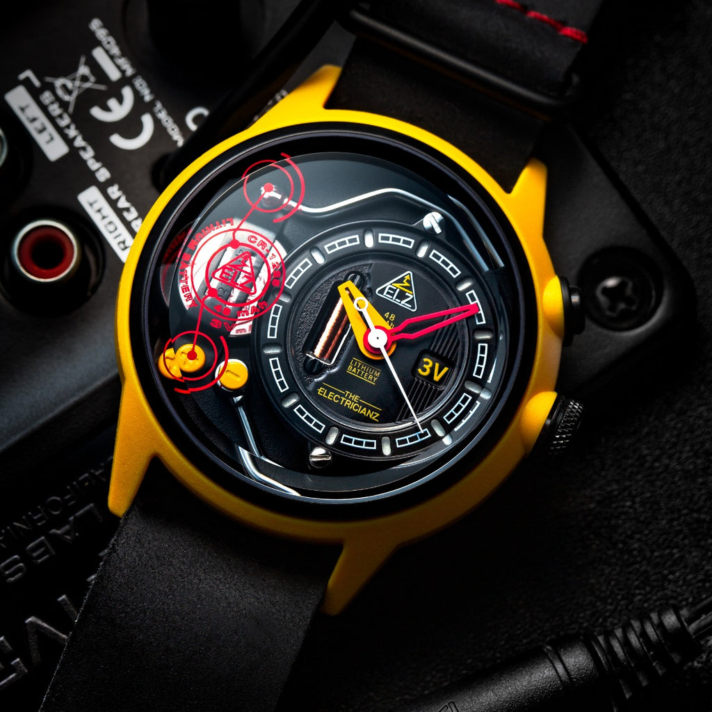 The Electricianz Nylon THE AMMETER Gwylio Dynion gyda Strap Lledr Du ZZ-A1A/01