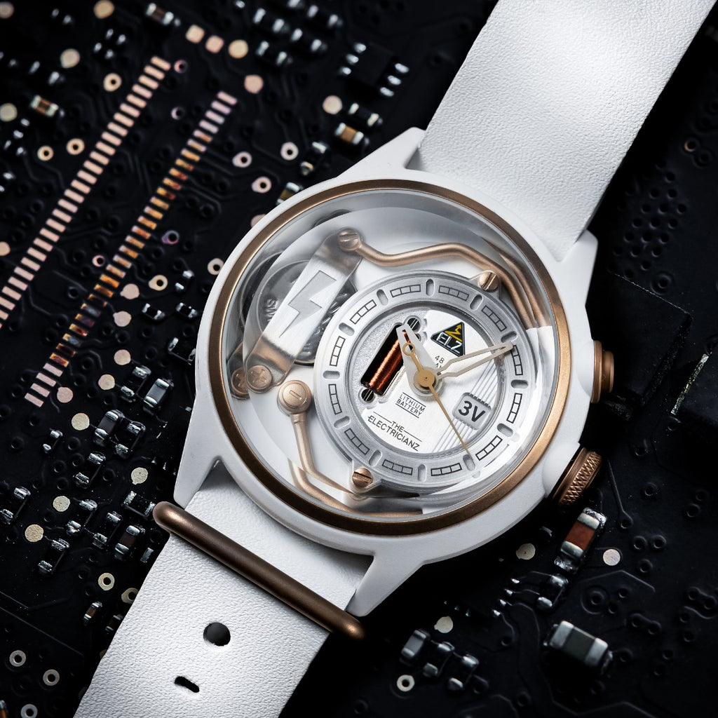The Electricianz Nylon THE S.NOW Mens Watch with White Leather Strap ZZ-A1C/04