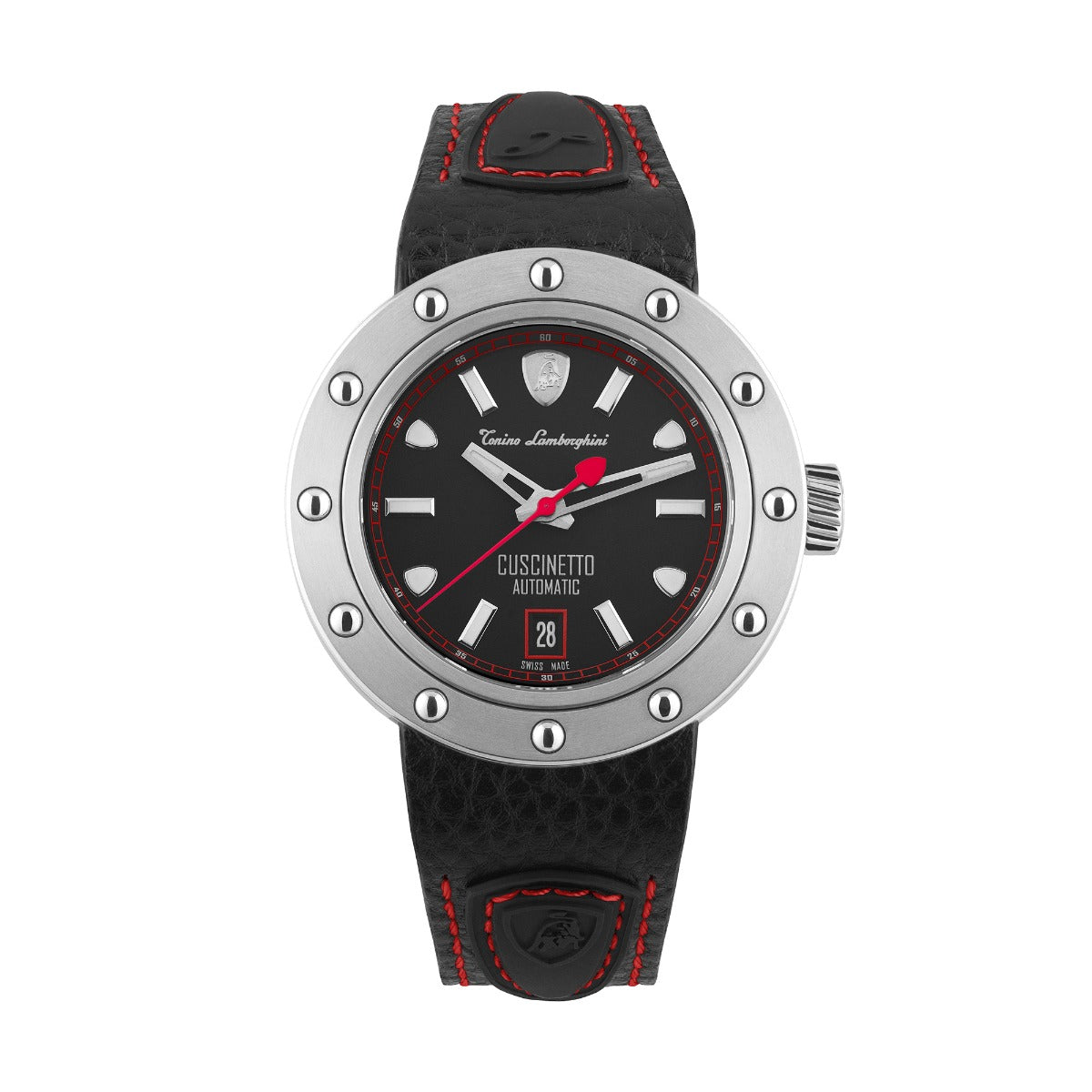 Gwylio Tonino Lamborghini Cuscinetto i Ddynion gyda Strap Lledr Du TLF-T01-2