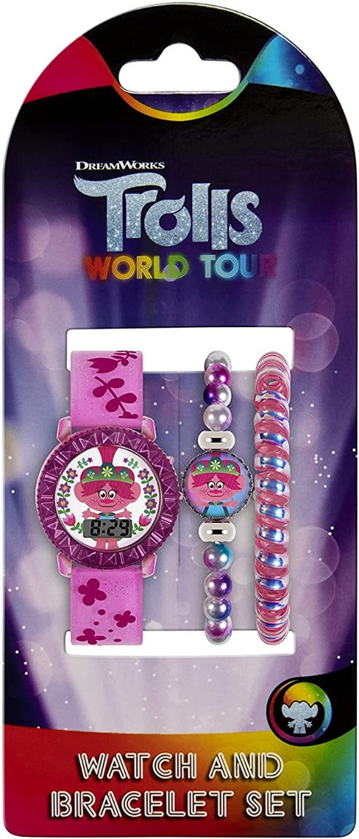 Trolls Girl's Digital Watch with Pink Silicone Strap and Matching Bracelets TRT40021ARG