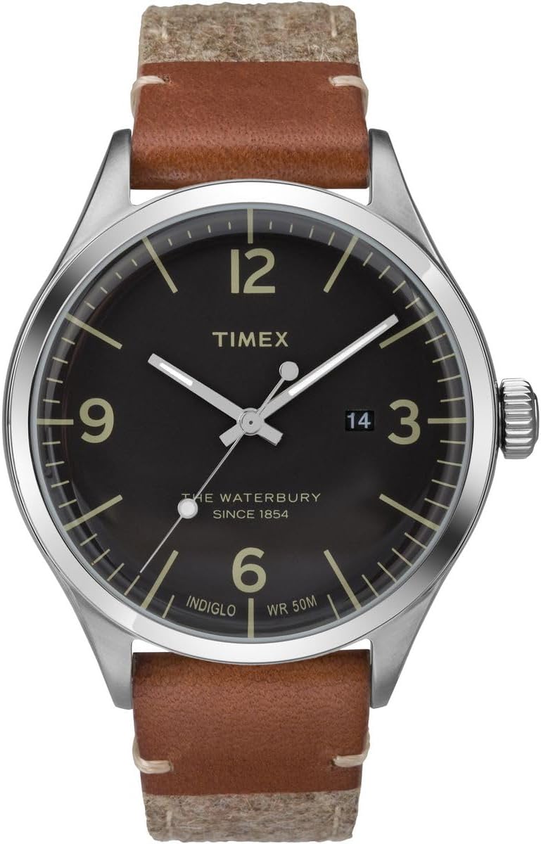 Cloc Dynion Timex Waterbury gyda Deial Du a Strap Frown TW2P95600