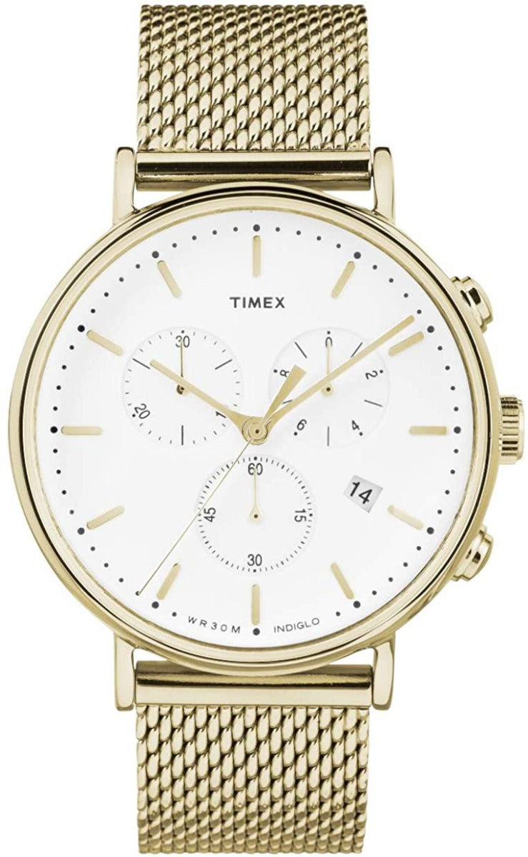 Gwylio Chronograph i Ddynion Timex gyda Deial Indiglo Gwyn a Strap Milanese Aur TW2R27200