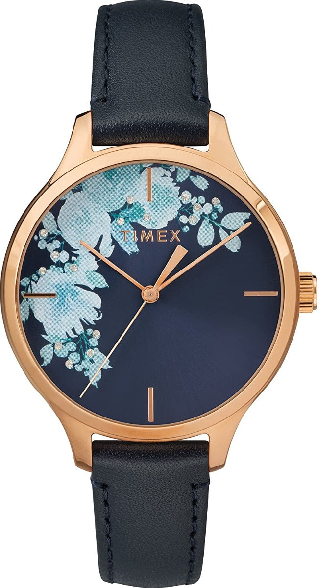 Fesulwraig Timex Crystal Bloom gyda Deial Blodau Glas a Strap Ledr Las TW2R66700