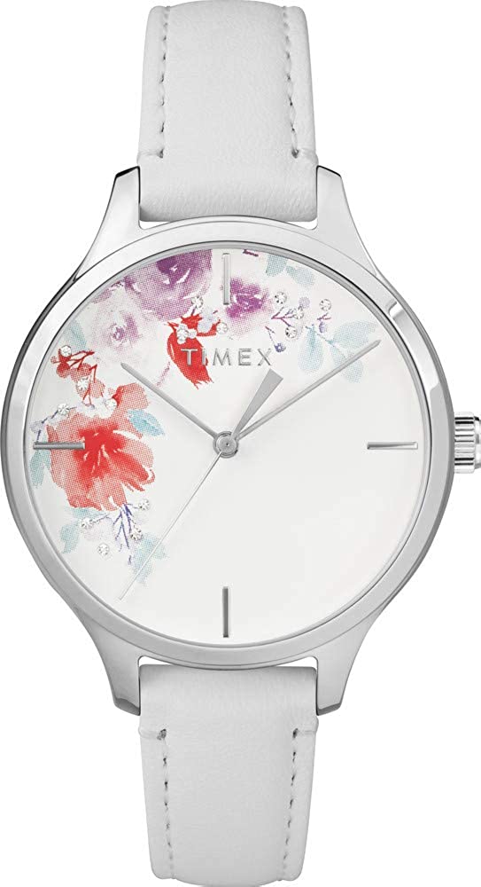 Cloc Crystal Bloom i Fenywod gan Timex gyda Wyneb Blodeuog Gwyn a Strap Lledr Gwyn TW2R66800