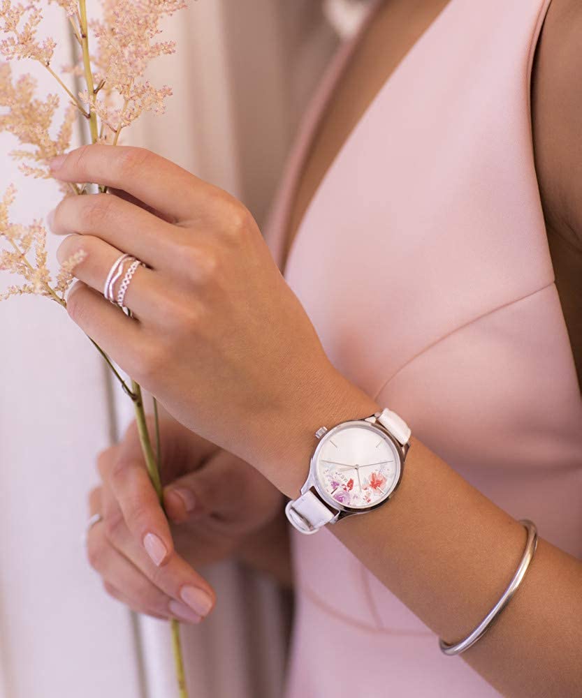 Timex Ladies Crystal Bloom Watch with White Floral Dial and White Leather Strap TW2R66800