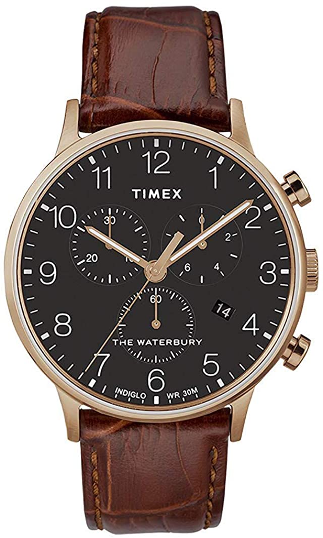 Cloc Casedur Cronograff Dynion Timex gyda Deial Du a Strap Brown TW2R71600